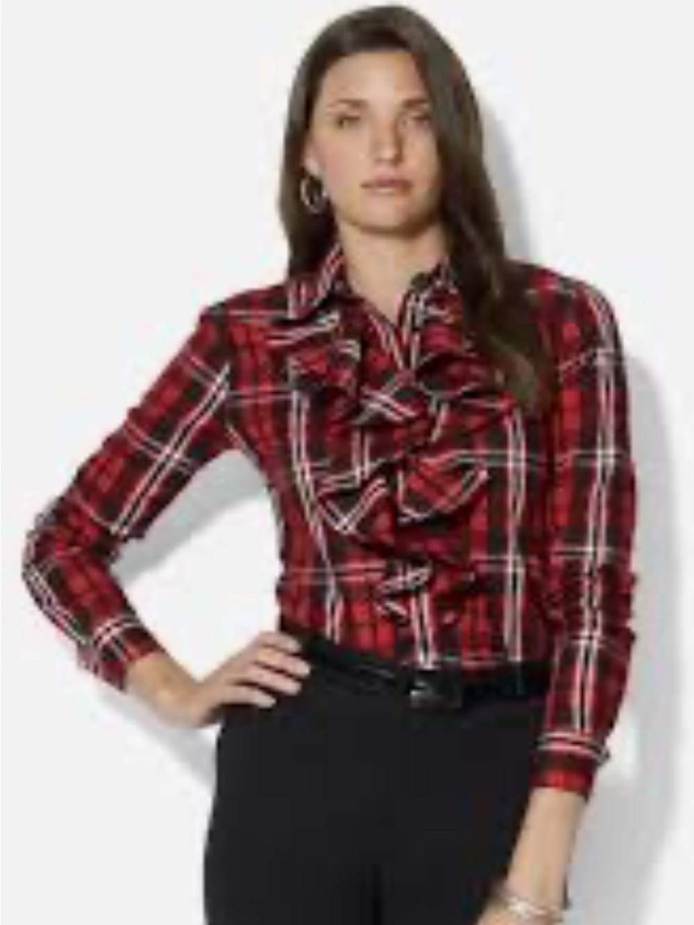 Lauren Ralph Lauren plaid Red & Gray Ruffle Shirt Size Small